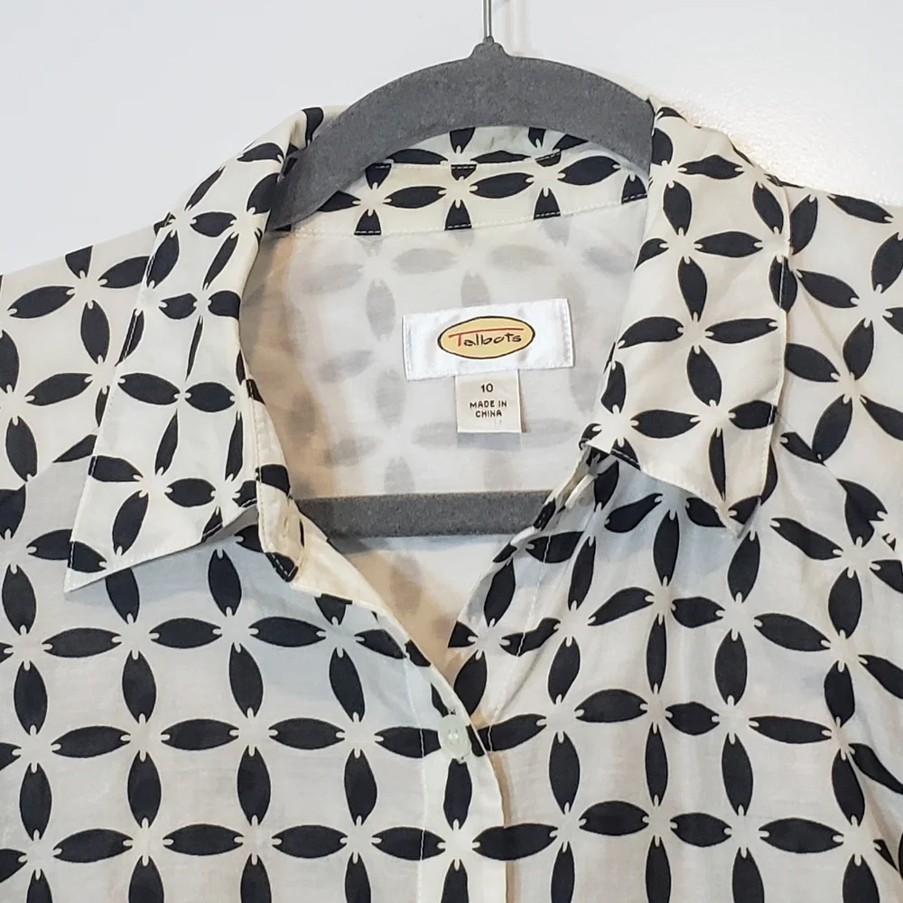 Talbots  Silk Cotton Vintage Button Down Shirt Black & White Print Size 10